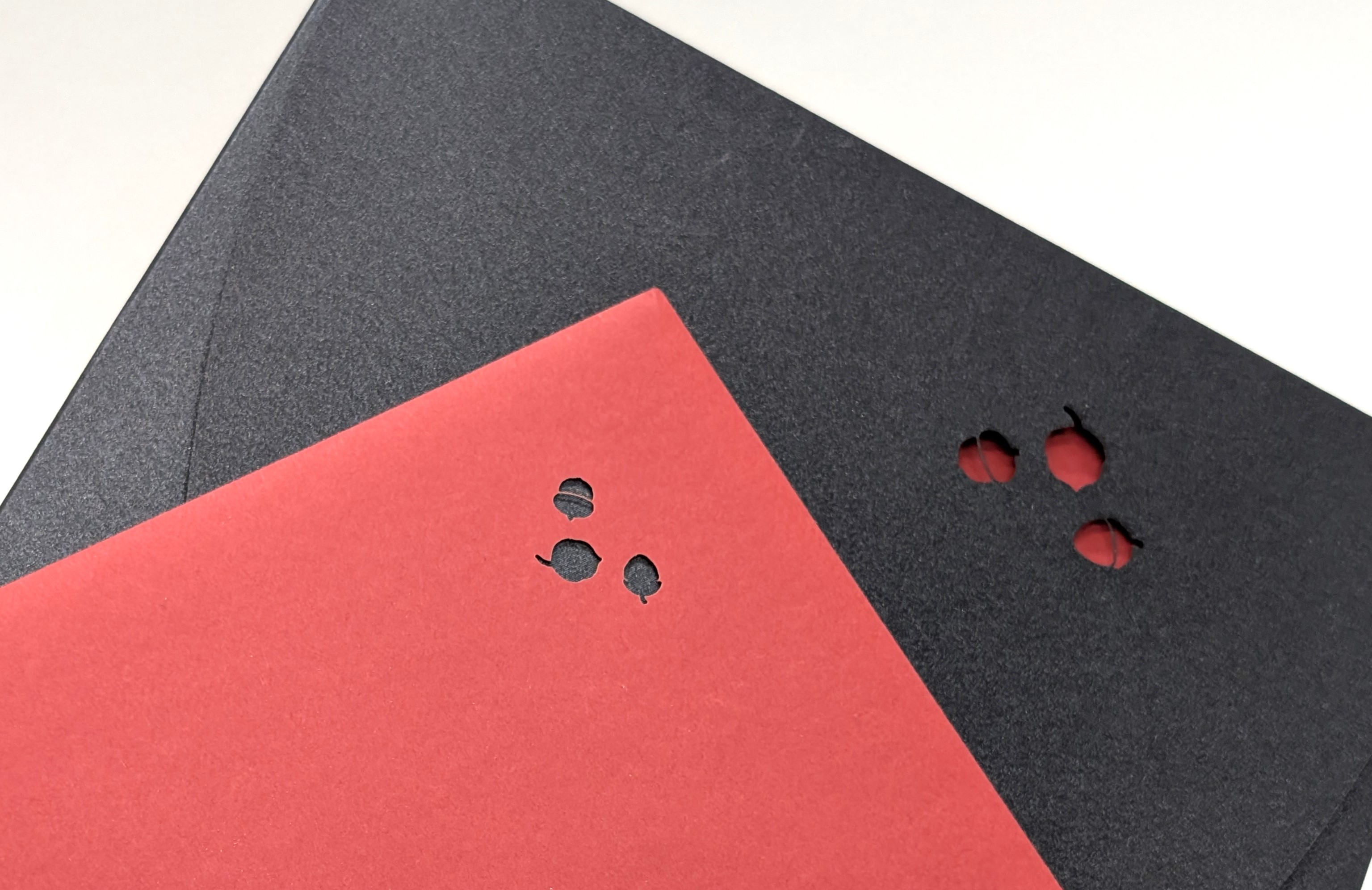 Kuvert und Geschenkverpackung mit Laserschnitt-Motiv "Haselnüsse"