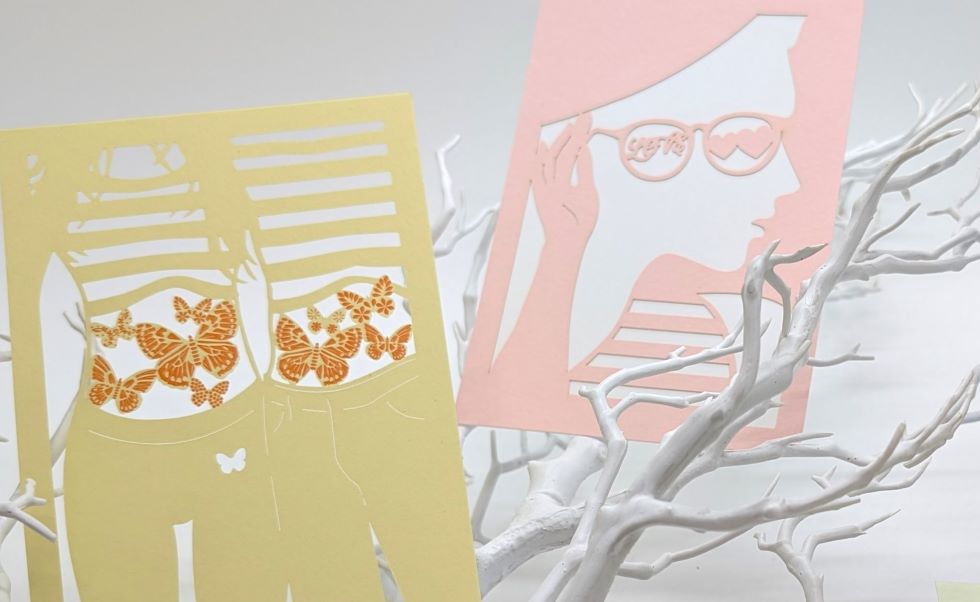 Karten "Schmetterlinge im Bauch" und "Rosarote Brille" mit Buchdruck und Lasercut