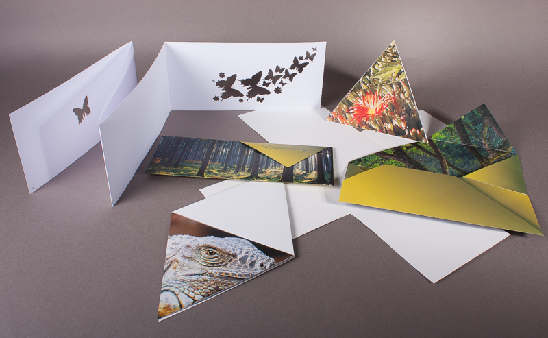 verschiedene Falzflyer: Leporello, Kuvertfalz, Dreiecksfolder