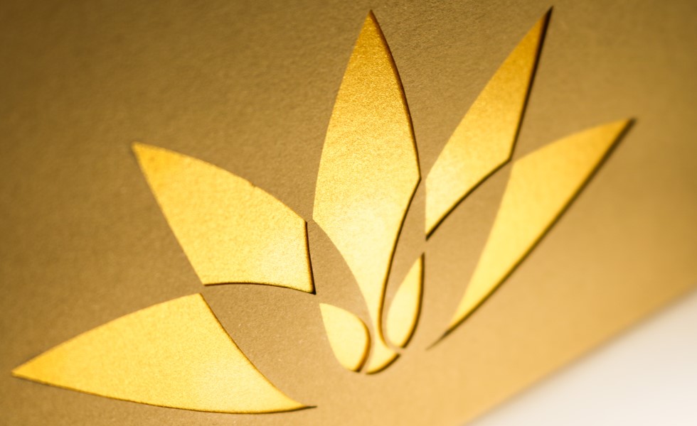 in Szene gesetzt: das goldene Logo entsteht durch Filigrankaschierung auf Goldpapier